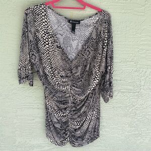 INC Women's Sheer V-Neck Ruched Blouse Black 3/4 Sleeve Size L